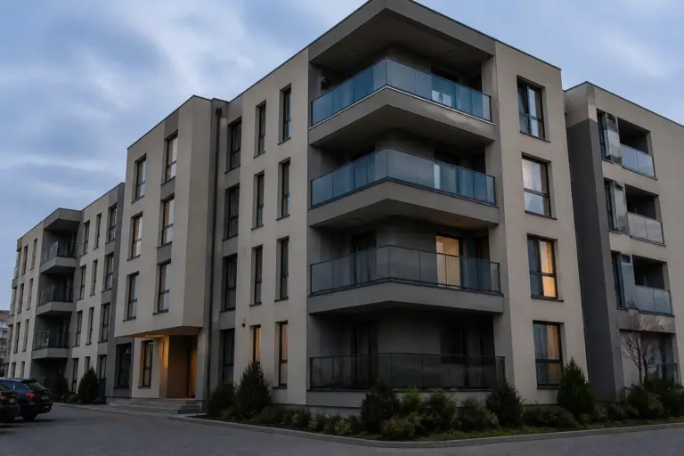 Un bloc de apartamente modern, cu mai multe etaje, balcoane cu balustrade din sticlă și ferestre mari